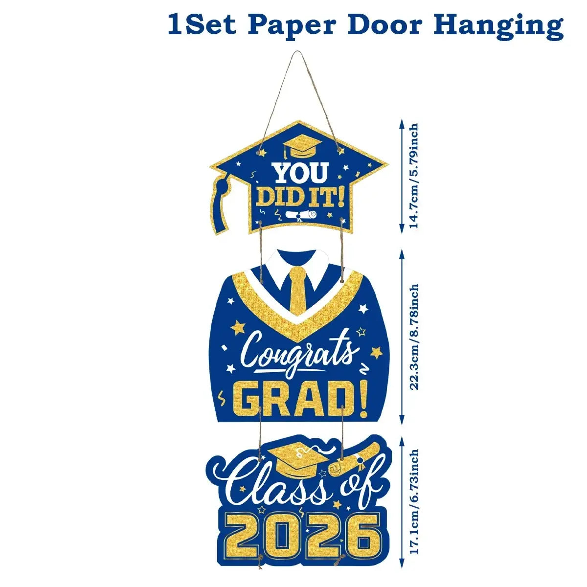 Blue and gold paper door hanging featuring graduation-themed designs for class of 2026 celebration decor