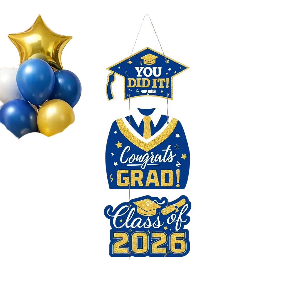 Blue and gold graduation door hanging decor with glittery text cap and gown design and star accents for class of 2026