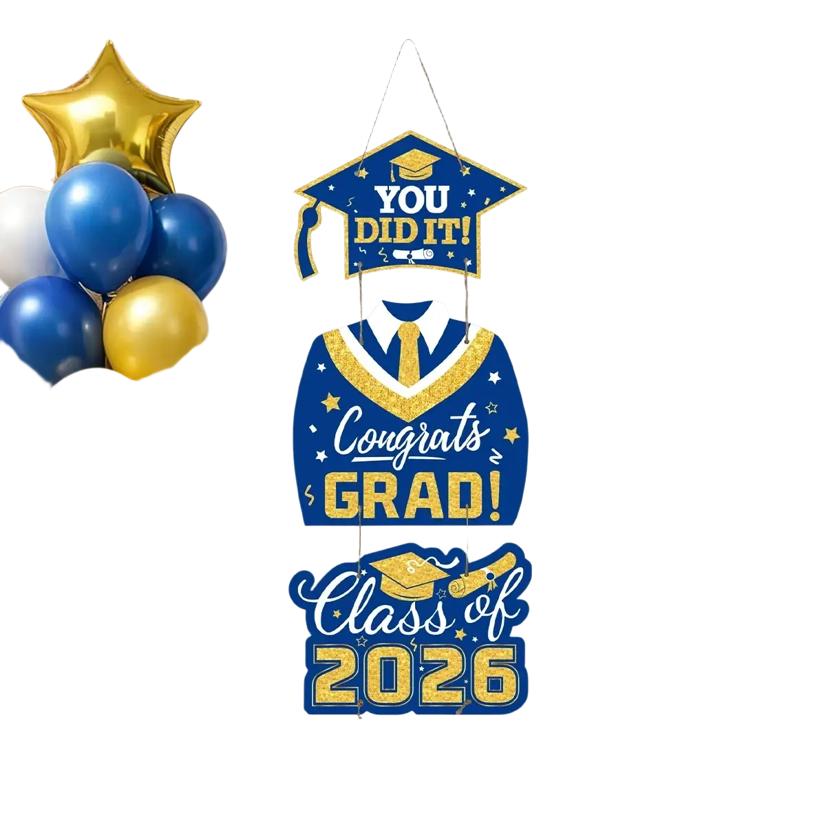 Blue and gold graduation door hanging decor with glittery text cap and gown design and star accents for class of 2026