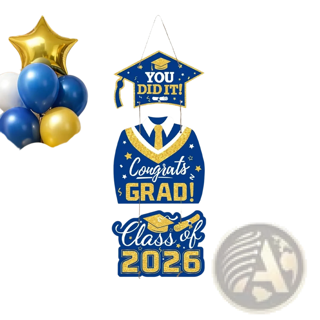 Blue and gold graduation door hanging decor with glittery text cap and gown design and star accents for class of 2026