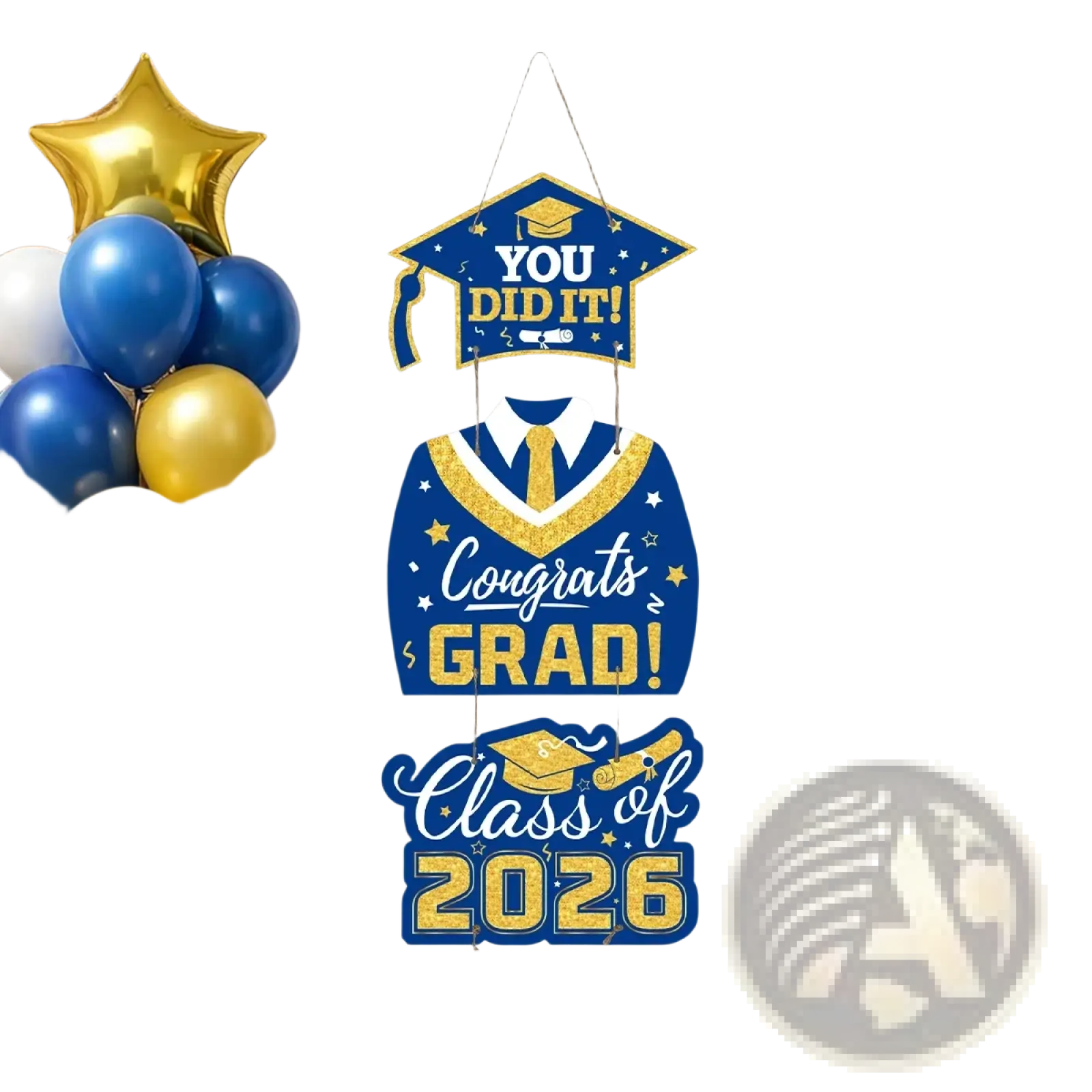 Blue and gold graduation door hanging decor with glittery text cap and gown design and star accents for class of 2026