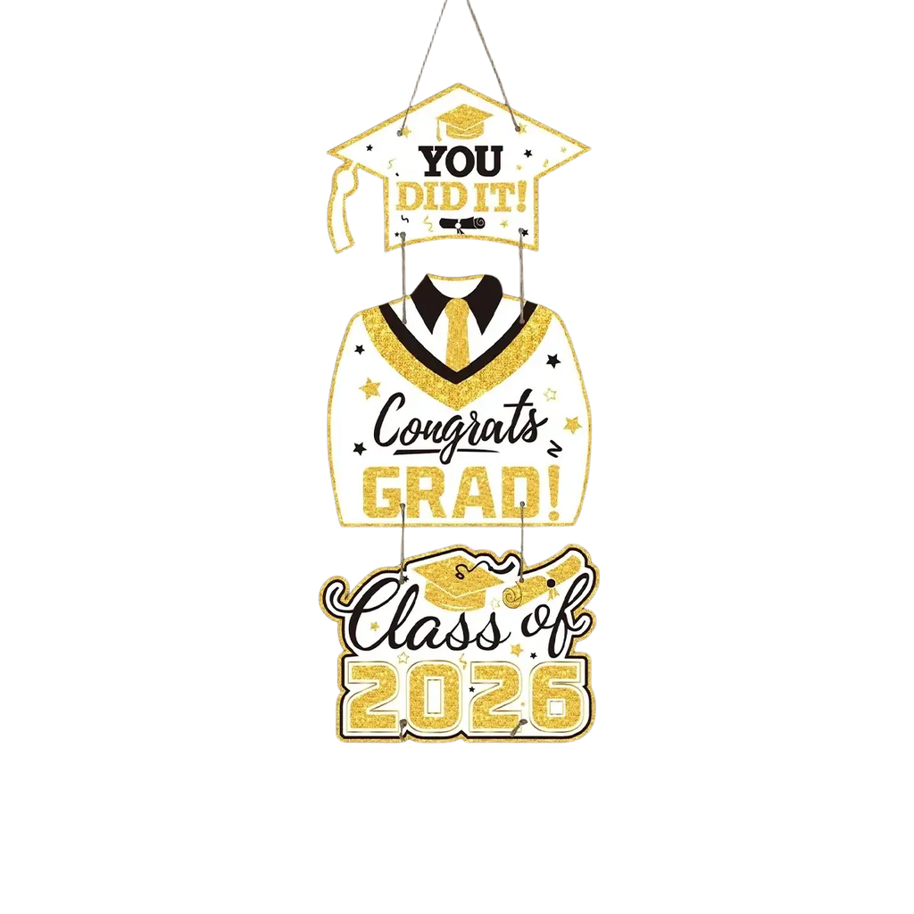 Gold glitter class of 2026 graduation door hanger with cap and gown design for celebratory decor use