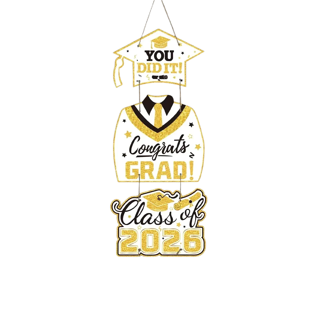 Gold glitter class of 2026 graduation door hanger with cap and gown design for celebratory decor use
