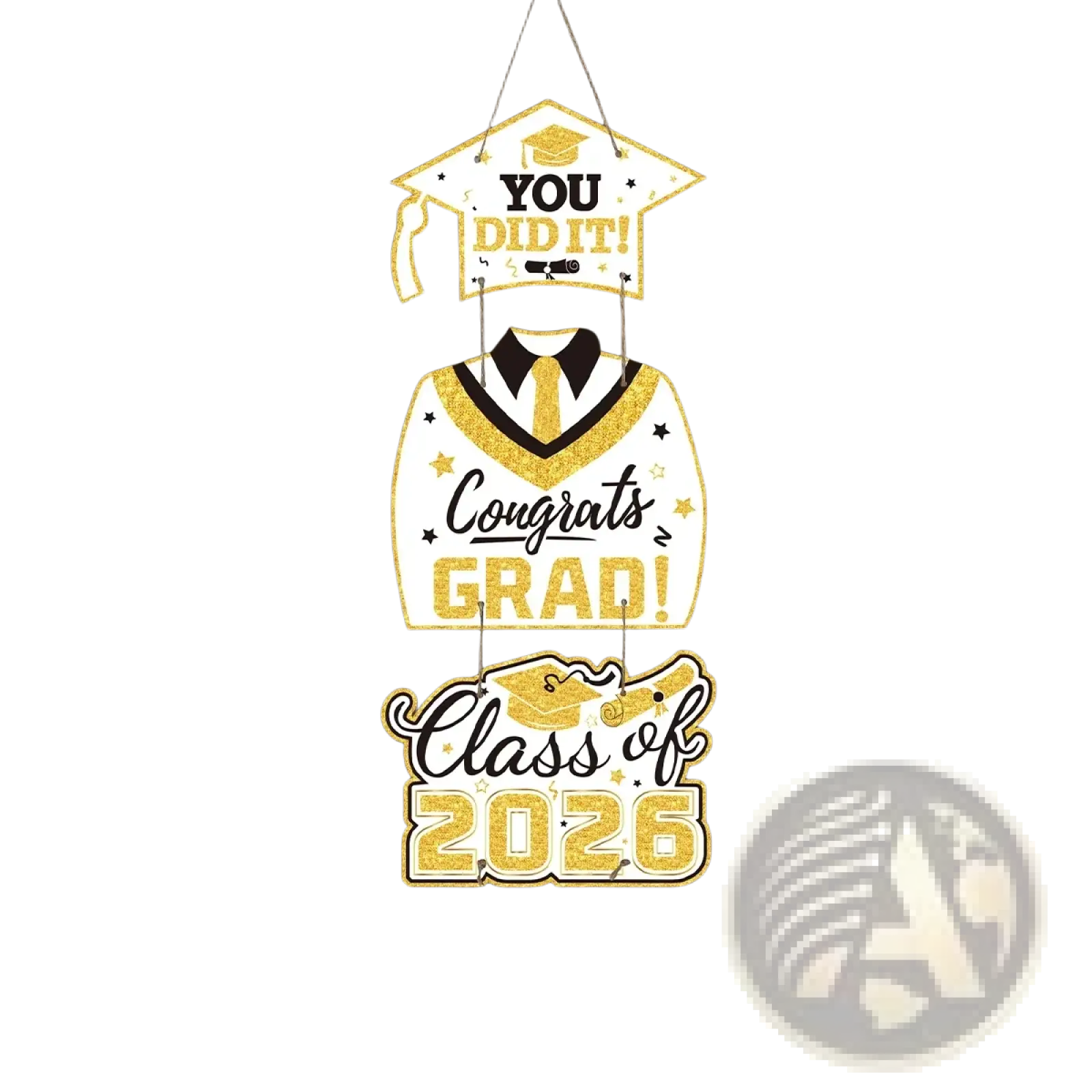 Gold glitter class of 2026 graduation door hanger with cap and gown design for celebratory decor use