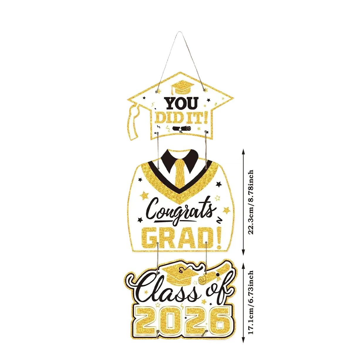Gold glitter paper door hanging featuring a graduation cap gown with tie and class of 2026 text for graduation decor