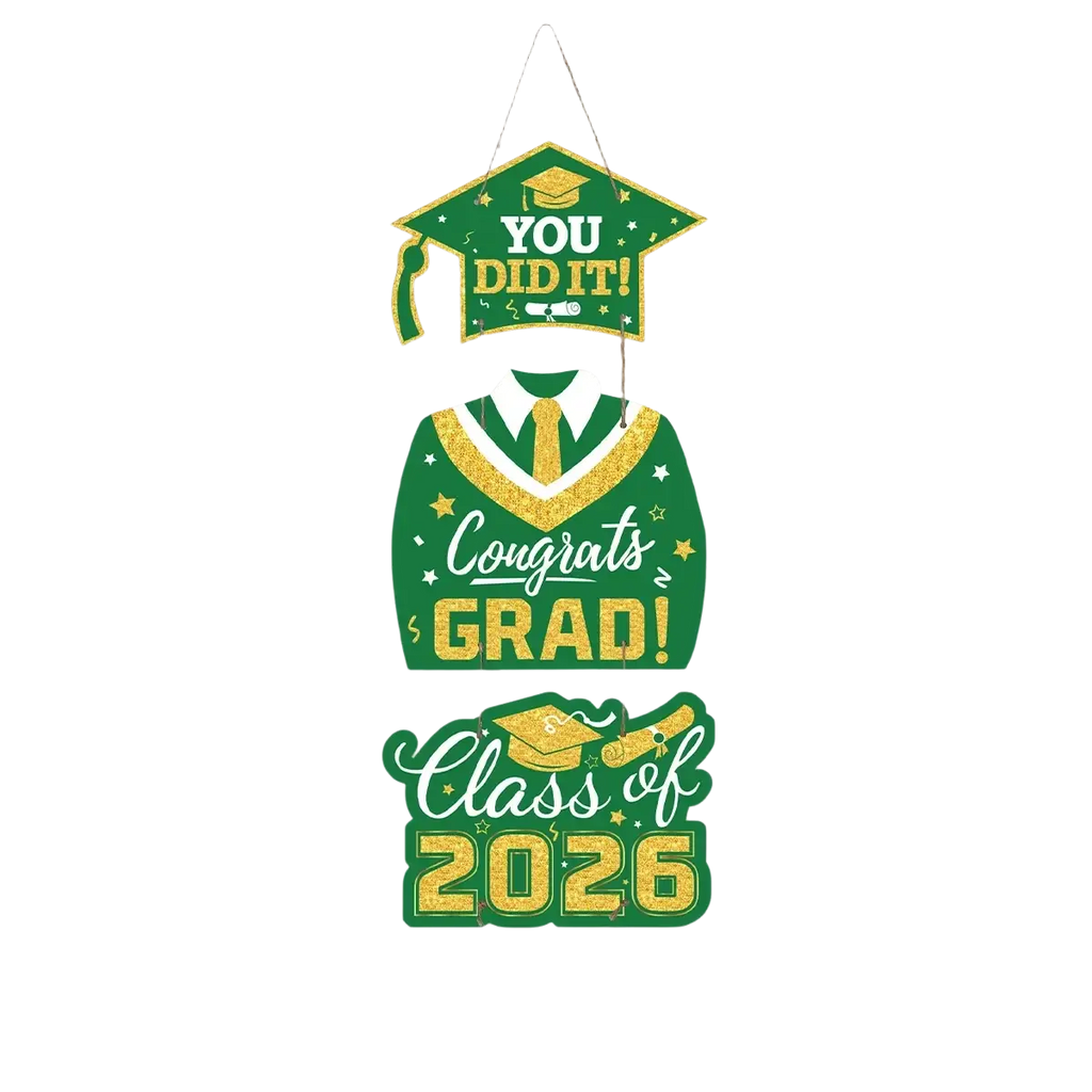 Class of 2026 graduation door hanging decor in green and gold featuring a mortarboard gown tie and class of 2026 text