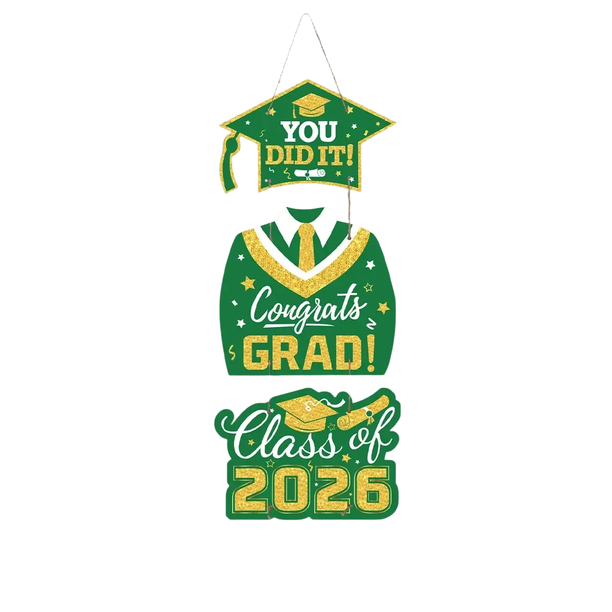 Class of 2026 graduation door hanging decor in green and gold featuring a mortarboard gown tie and class of 2026 text