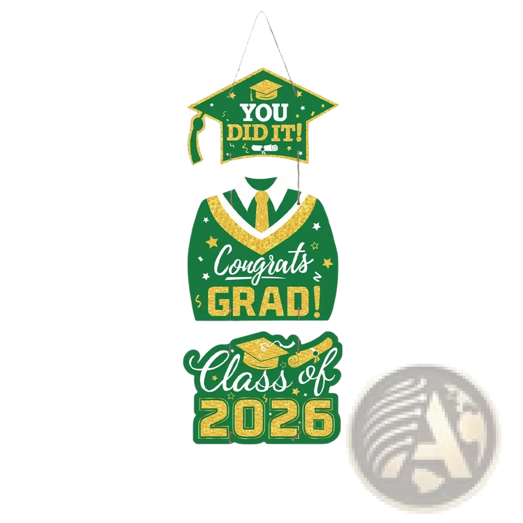 Class of 2026 graduation door hanging decor in green and gold featuring a mortarboard gown tie and class of 2026 text