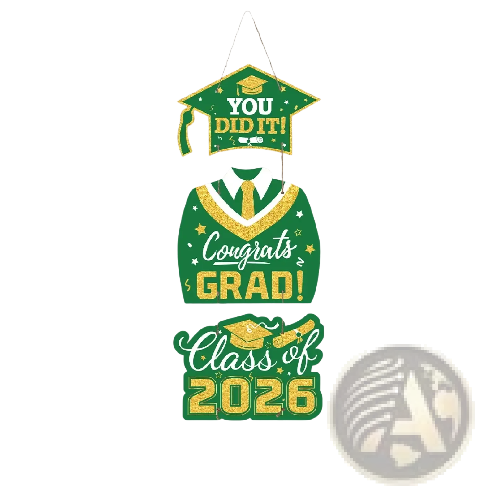 Class of 2026 graduation door hanging decor in green and gold featuring a mortarboard gown tie and class of 2026 text