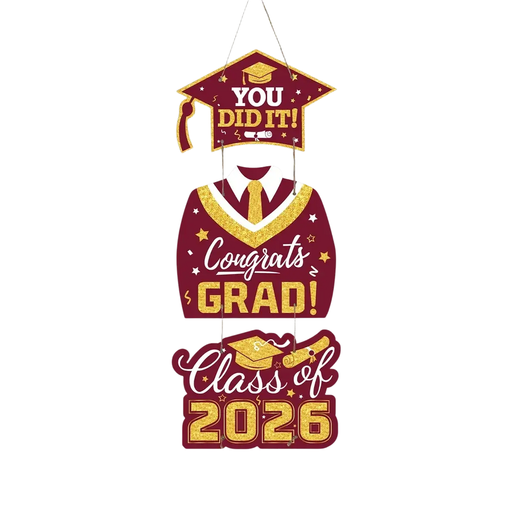 Maroon and gold class of 2026 graduation door hanging decor with glittery accents for celebration display