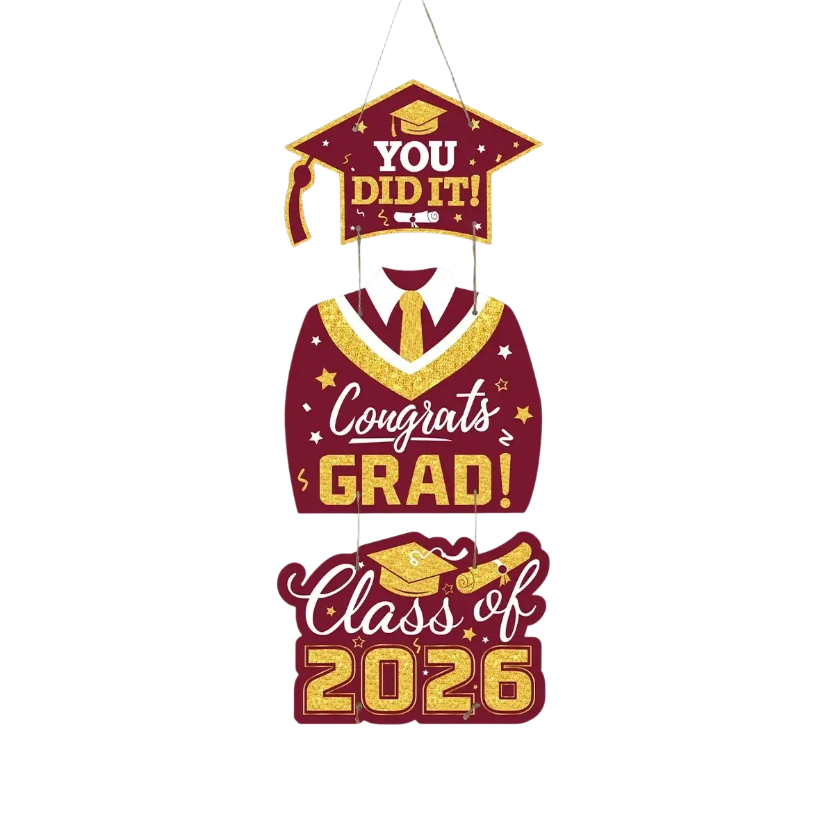 Maroon and gold class of 2026 graduation door hanging decor with glittery accents for celebration display