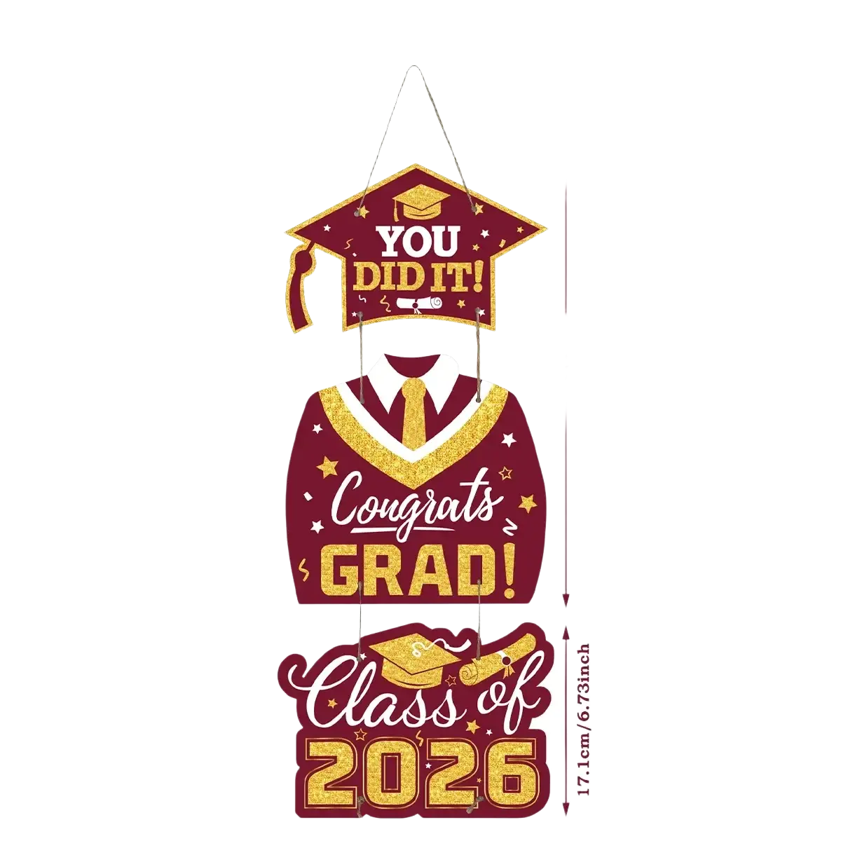 Class of 2026 graduation door hanging decor in maroon and gold paper with glittery text and cap gown diploma design