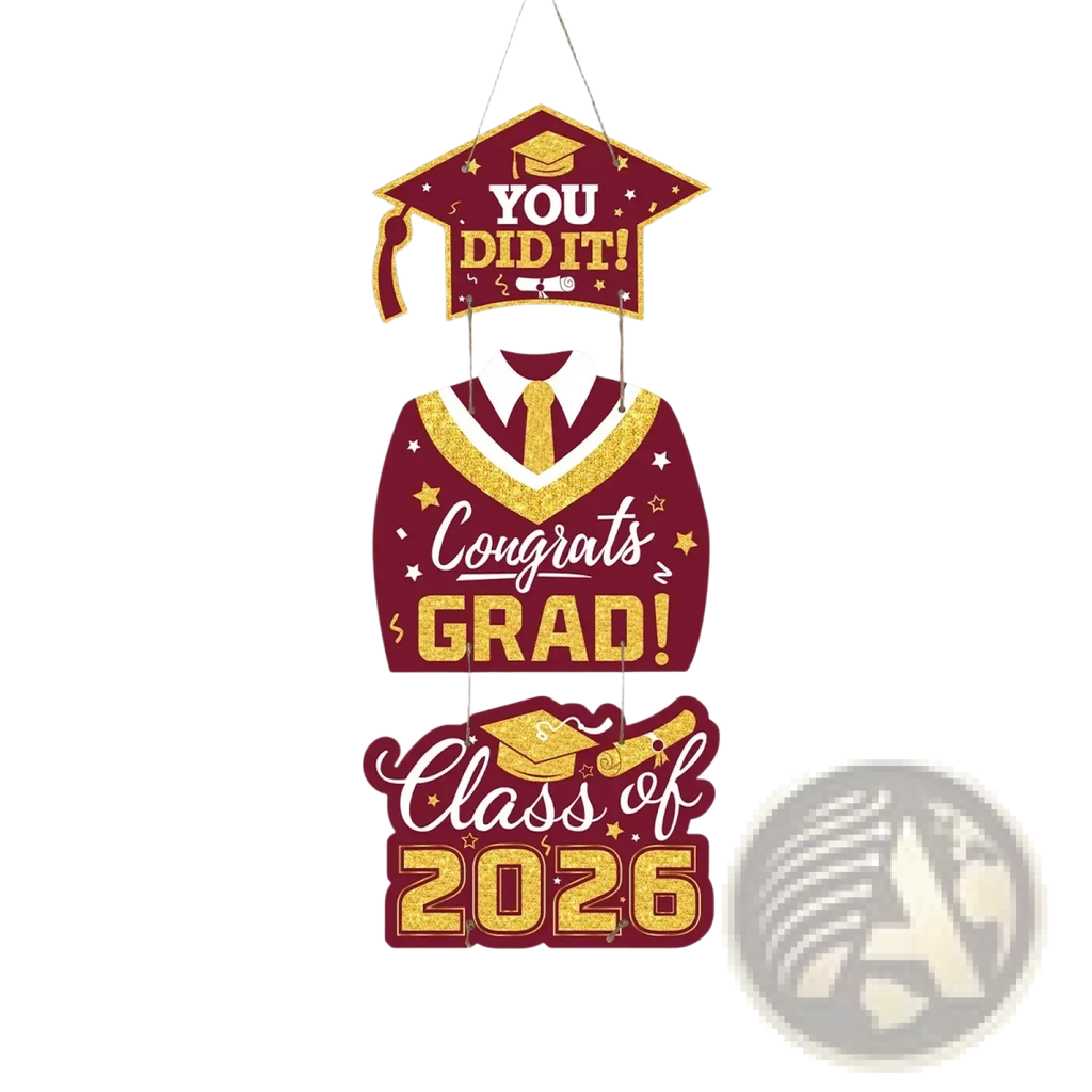 Maroon and gold class of 2026 graduation door hanging decor with glittery accents for celebration display