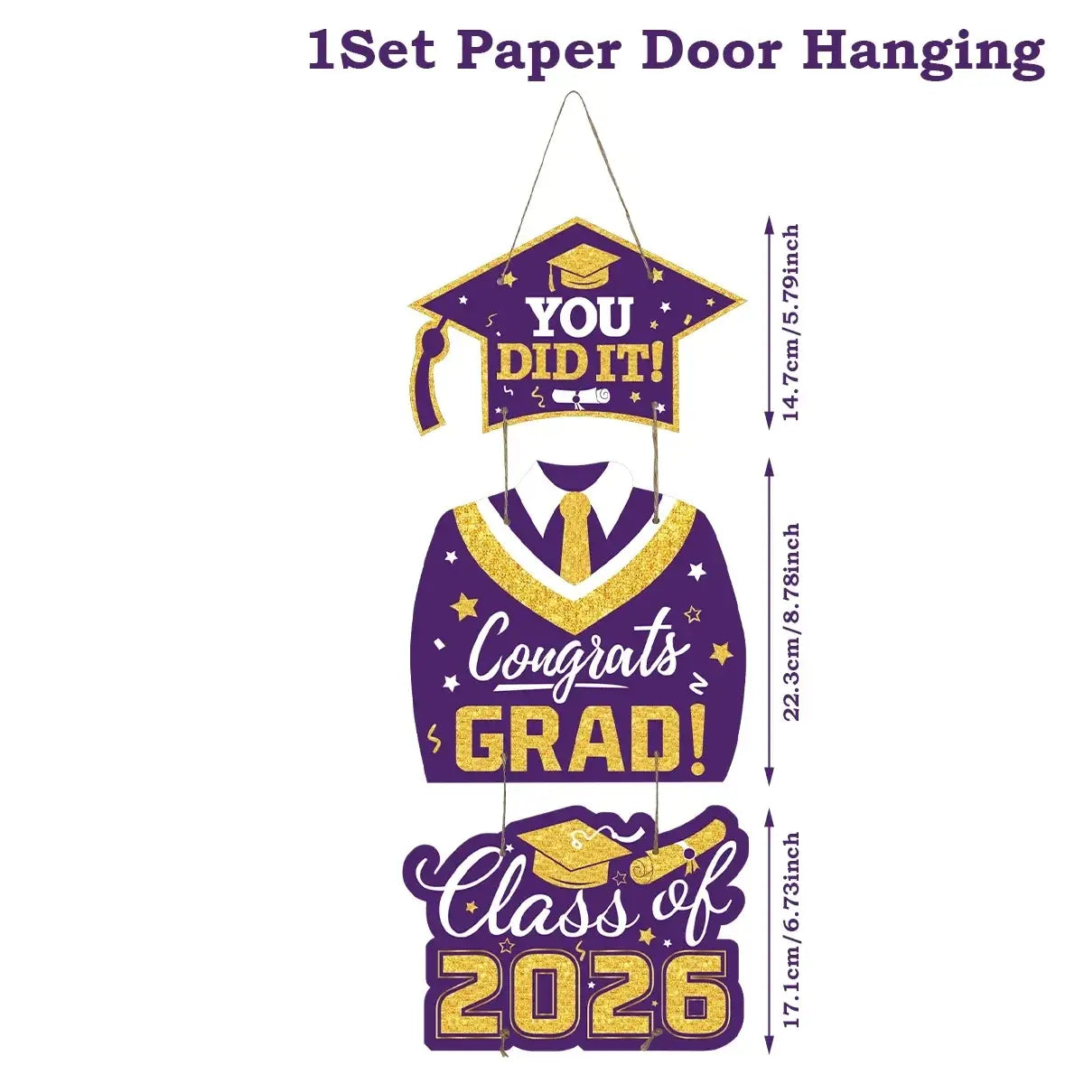 Purple and gold paper door hanging with graduation-themed designs for class of 2026 celebration decor