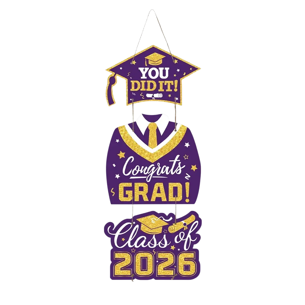 Purple and gold class of 2026 graduation door hanging decor featuring mortarboard gown tie design