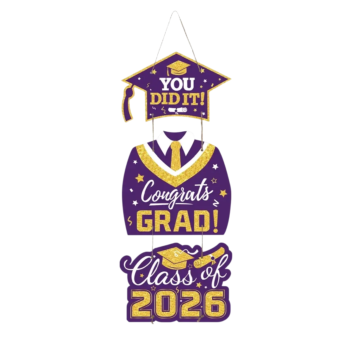 Purple and gold class of 2026 graduation door hanging decor featuring mortarboard gown tie design