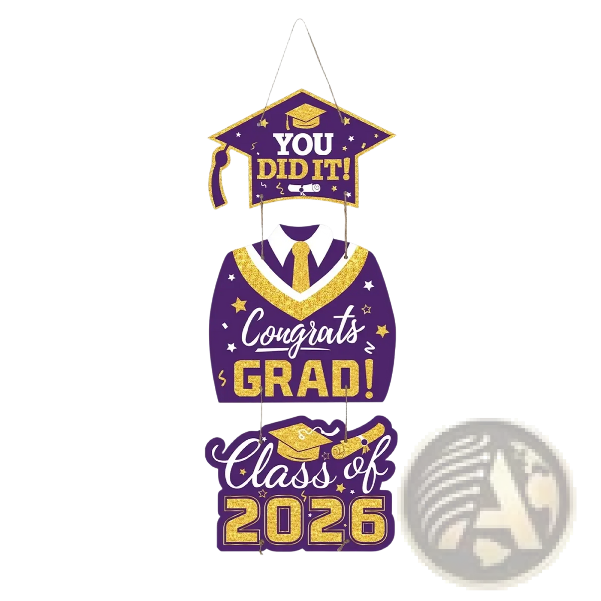 Purple and gold class of 2026 graduation door hanging decor featuring mortarboard gown tie design