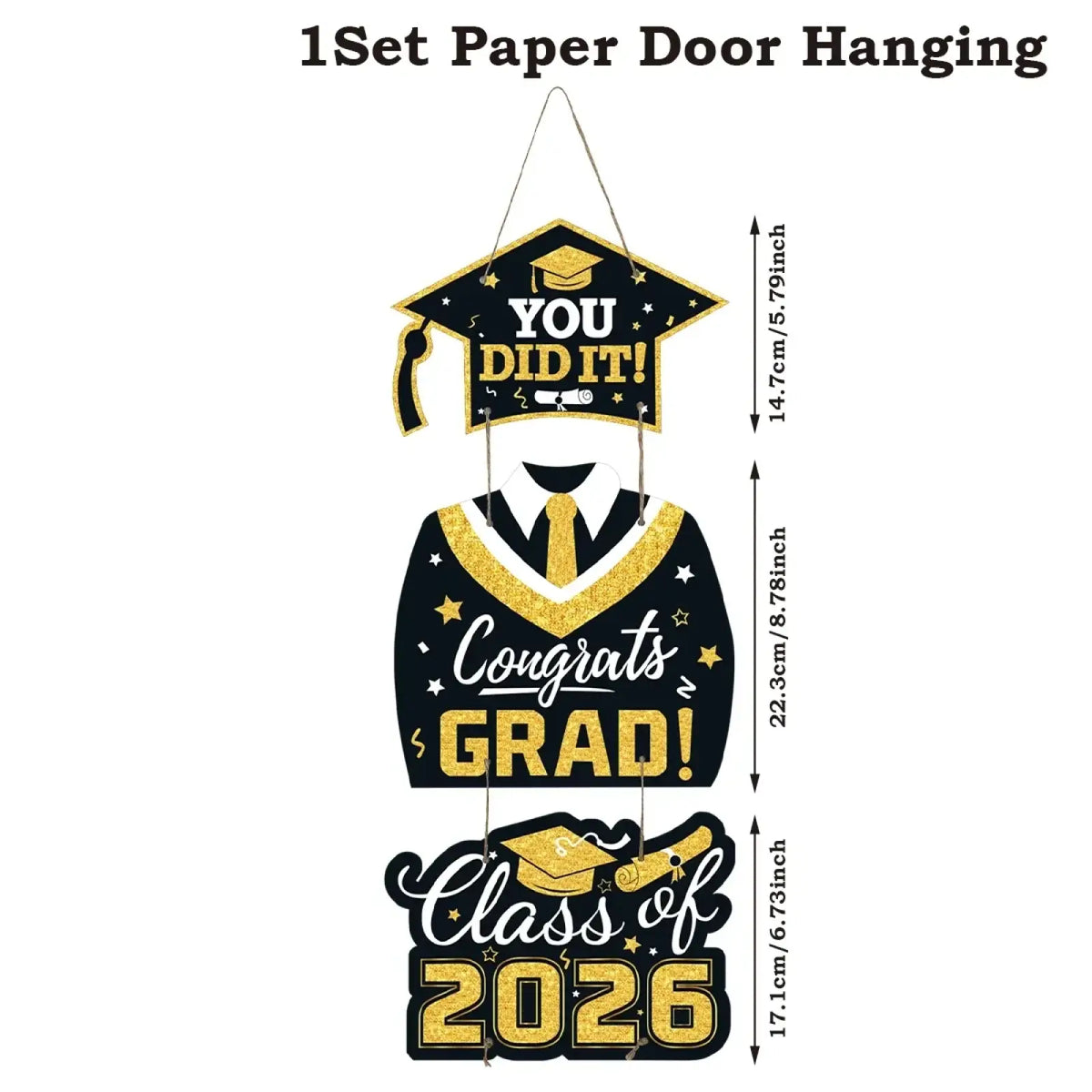 Black and gold paper graduation door hanging decor featuring cap gown and class of 2026 design