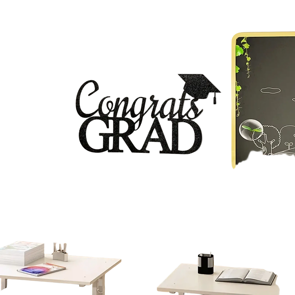 Black glittery congrats grad felt wall stickers with a graduation cap cutout for class of 2026 graduation decor
