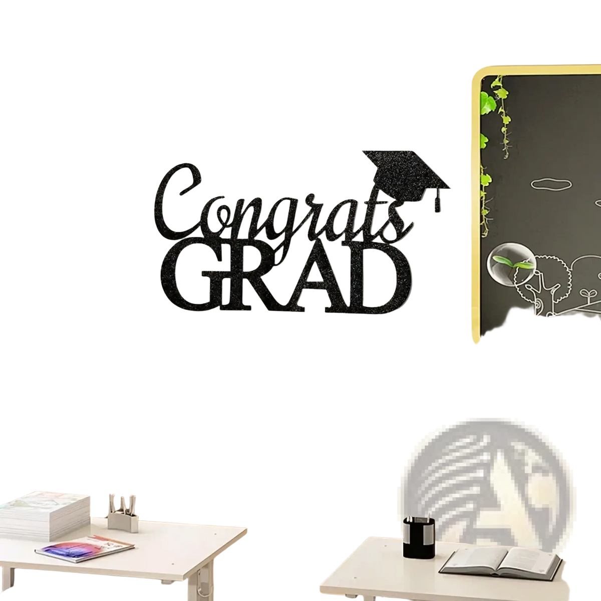 Black glittery congrats grad felt wall stickers with a graduation cap cutout for class of 2026 graduation decor