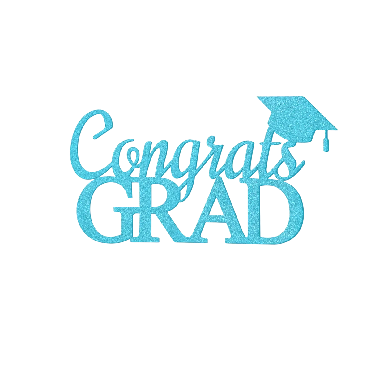 A glittery light blue felt wall sticker cake topper with congrats grad text and graduation cap for class of 2026