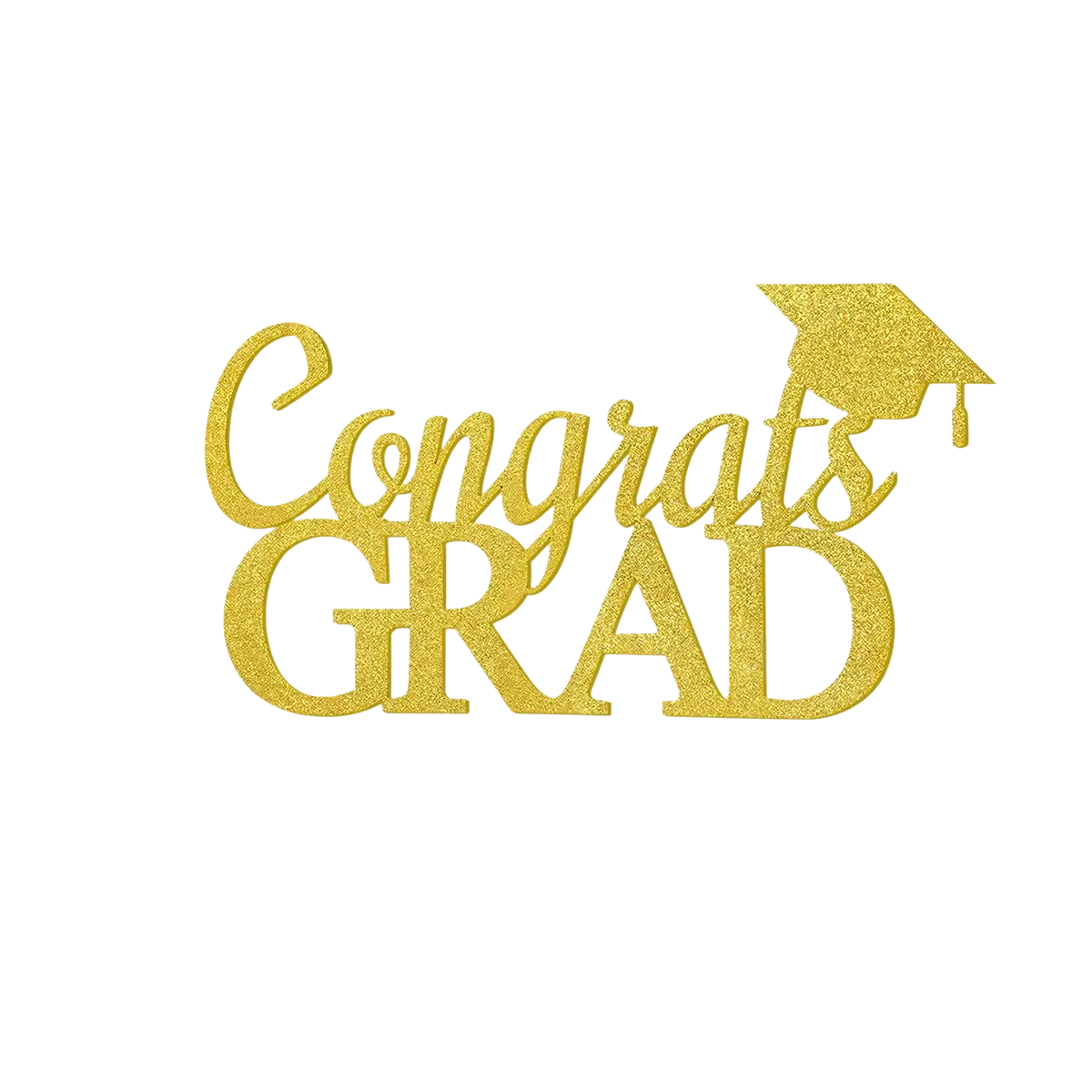 Gold glitter congrats grad cake topper with graduation cap design featured in class of 2026 graduation felt wall stickers