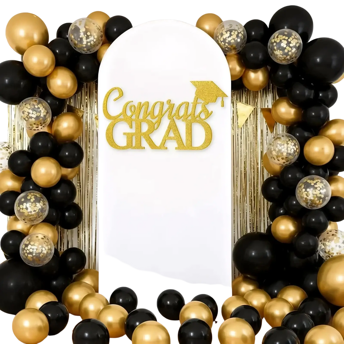 Class of 2026 graduation felt wall stickers featuring a gold glitter congrats grad sign with black and gold balloons