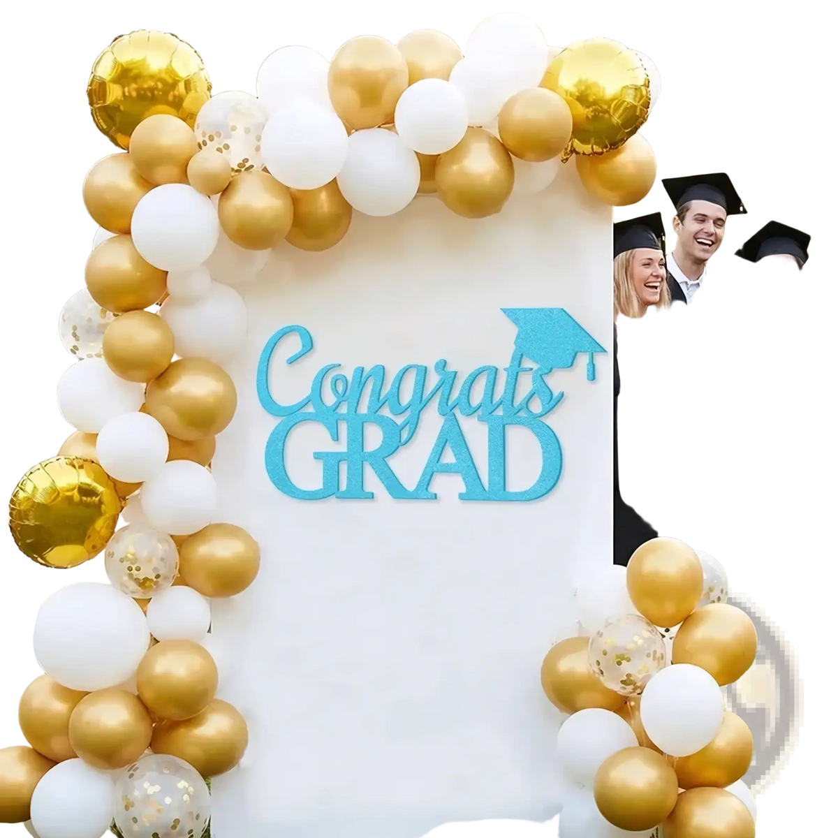 Class of 2026 graduation felt wall stickers featuring a gold and white balloon arch with blue congrats grad sign