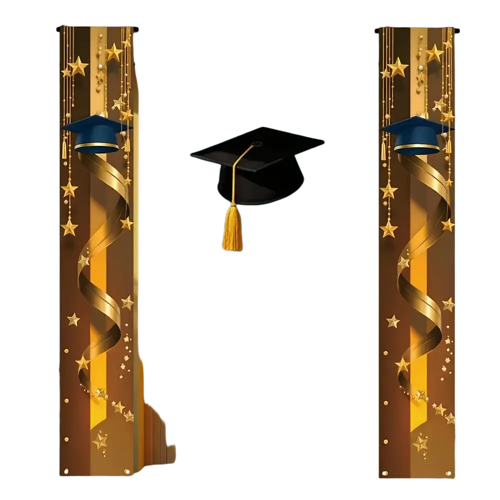 Black graduation cap with gold tassel hanging on blue door next to class of 2026 graduation porch banner blue and gold
