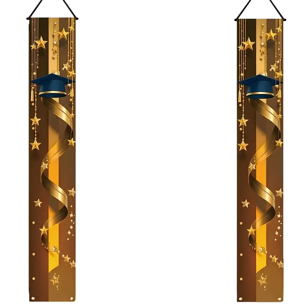 Golden and brown graduation-themed hanging banners with navy blue caps and stars for class of 2026 porch decoration