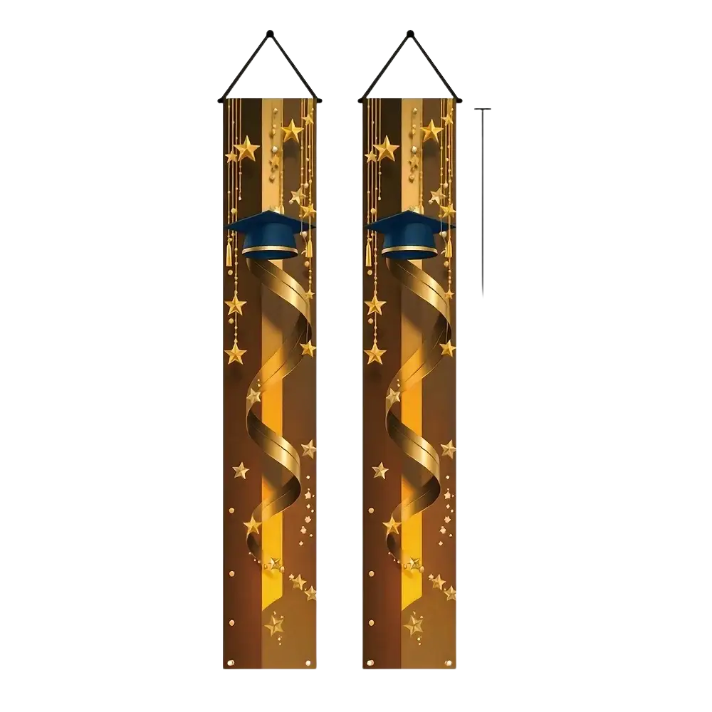 Class of 2026 graduation porch banner in blue and gold with golden hanging banners featuring navy caps and starry designs