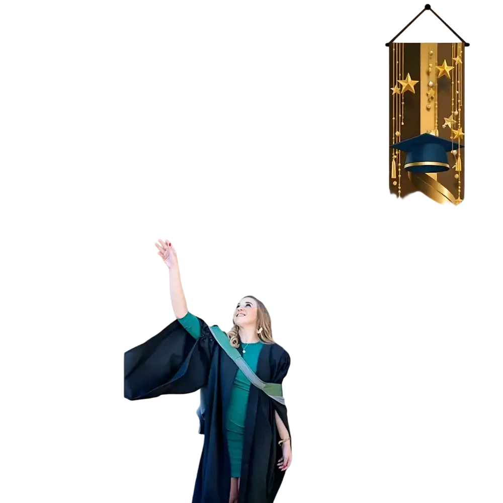 Class of 2026 graduation porch banner in gold and navy blue with star patterns and tassel accents for celebration decor