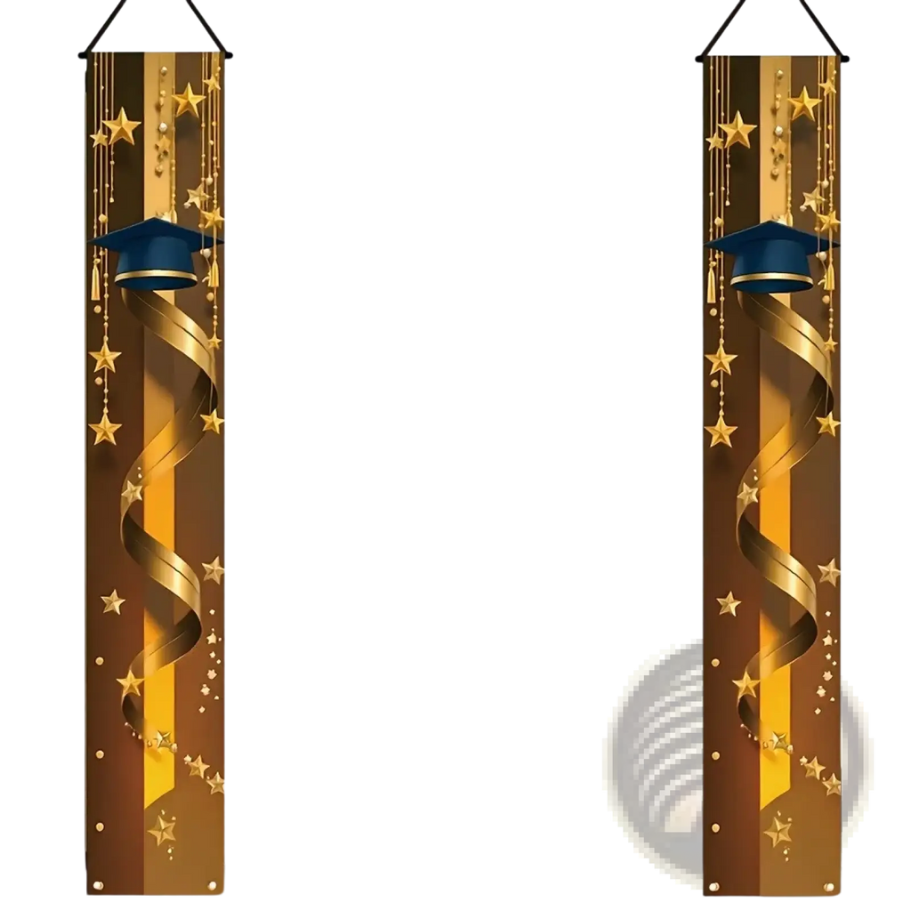 Golden and brown graduation-themed hanging banners with navy blue caps and stars for class of 2026 porch decoration