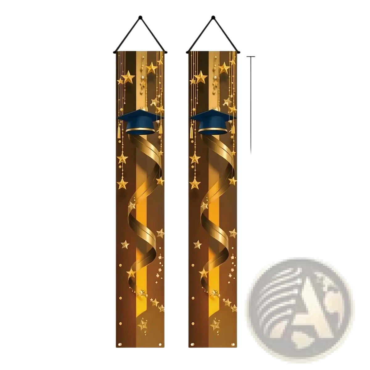 Class of 2026 graduation porch banner in blue and gold with golden hanging banners featuring navy caps and starry designs