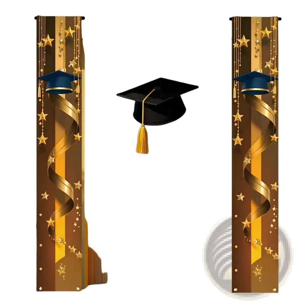 Black graduation cap with gold tassel hanging on blue door next to class of 2026 graduation porch banner blue and gold