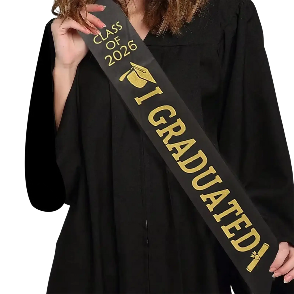 Black graduation stole sash with gold lettering and graduate cap emblem reading class of 2026 i graduated
