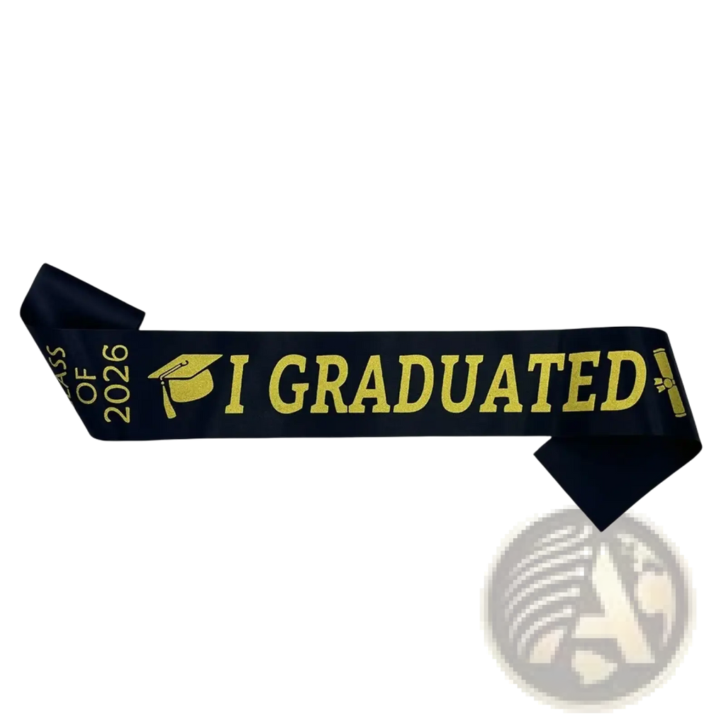 A navy blue satin class of 2026 graduation stole sash with gold lettering and icons