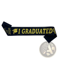 A navy blue satin class of 2026 graduation stole sash with gold lettering and icons