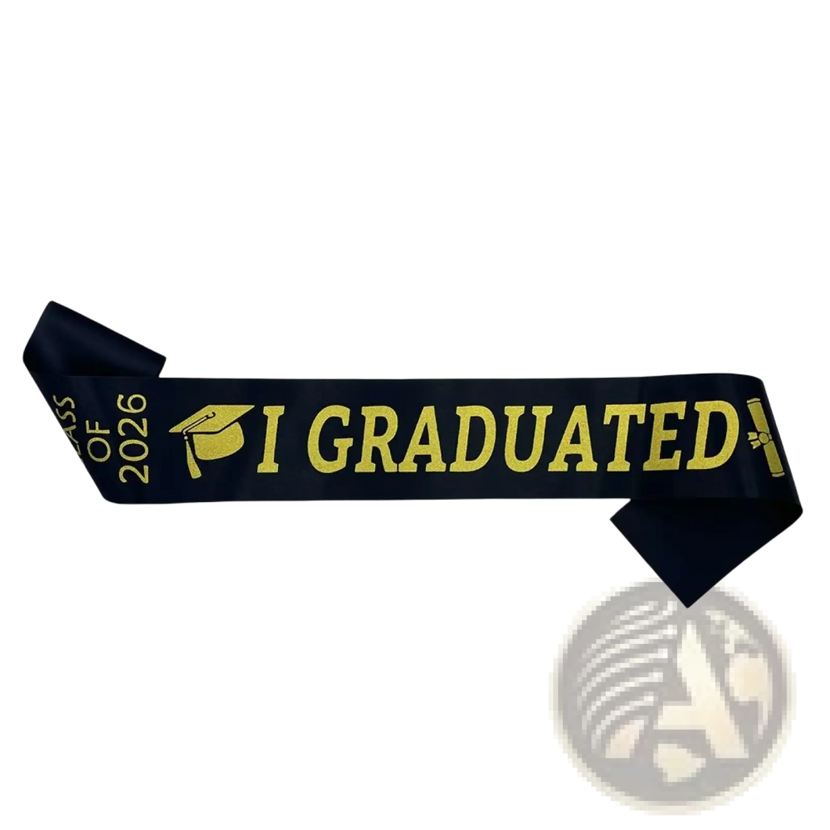 A navy blue satin class of 2026 graduation stole sash with gold lettering and icons