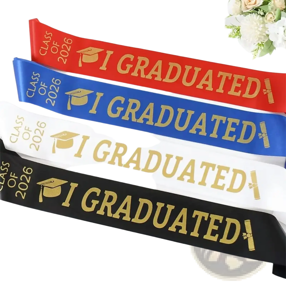 Class of 2026 graduation stole sash in red blue white and black with gold lettering and graduation cap icon