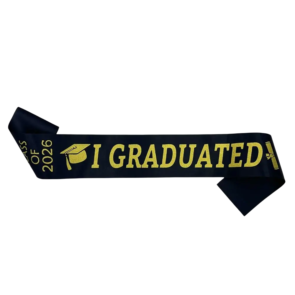 A navy blue satin class of 2026 graduation stole sash with gold lettering and icons