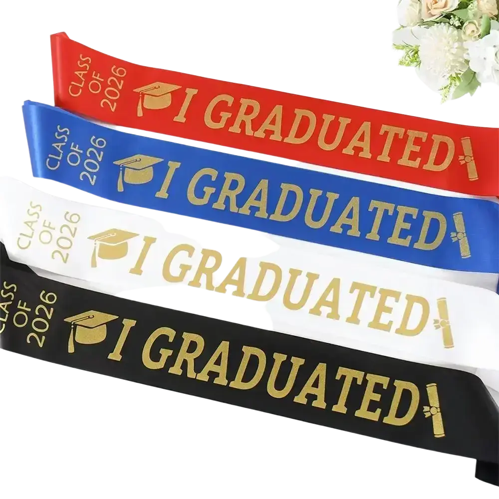 Class of 2026 graduation stole sashes in red blue white and black with gold lettering and a gold graduation cap icon