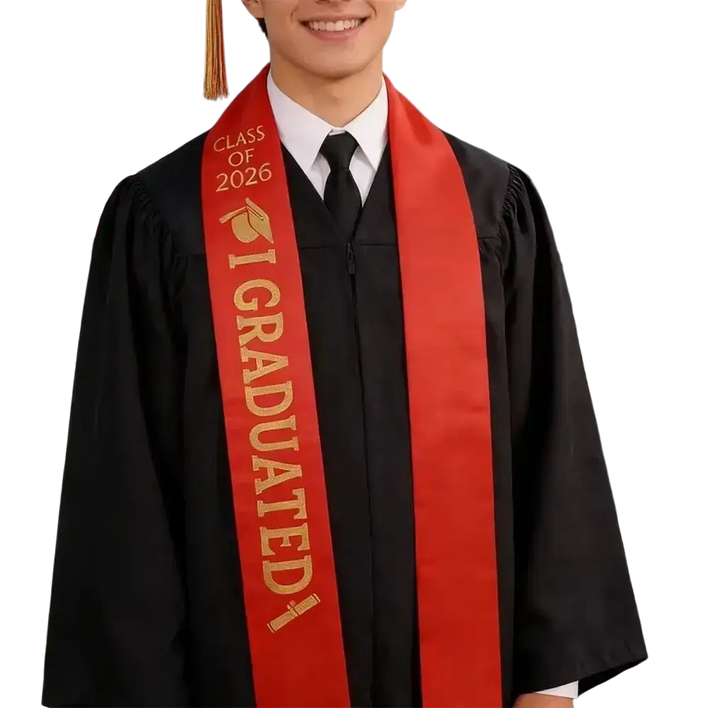 Red satin graduation stole sash with gold lettering class of 2026 and i graduated with a graduation cap icon