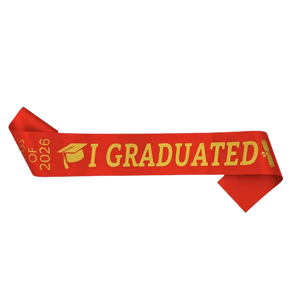 Red satin graduation stole sash for class of 2026 with gold lettering and small cap icon detailing