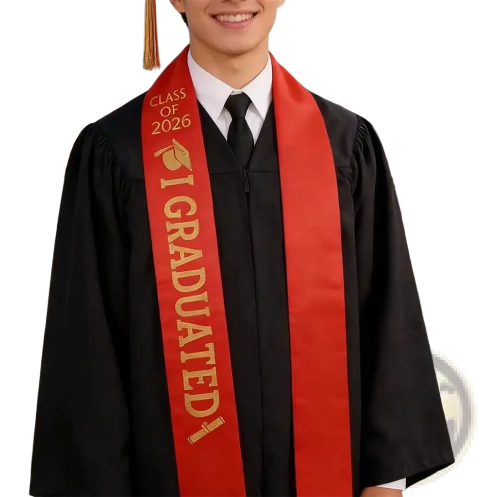 Red satin class of 2026 graduation stole sash with gold lettering and diploma icon for graduation ceremonies