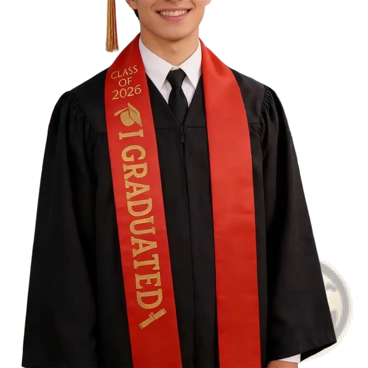 Red satin class of 2026 graduation stole sash with gold lettering and diploma icon for graduation ceremonies