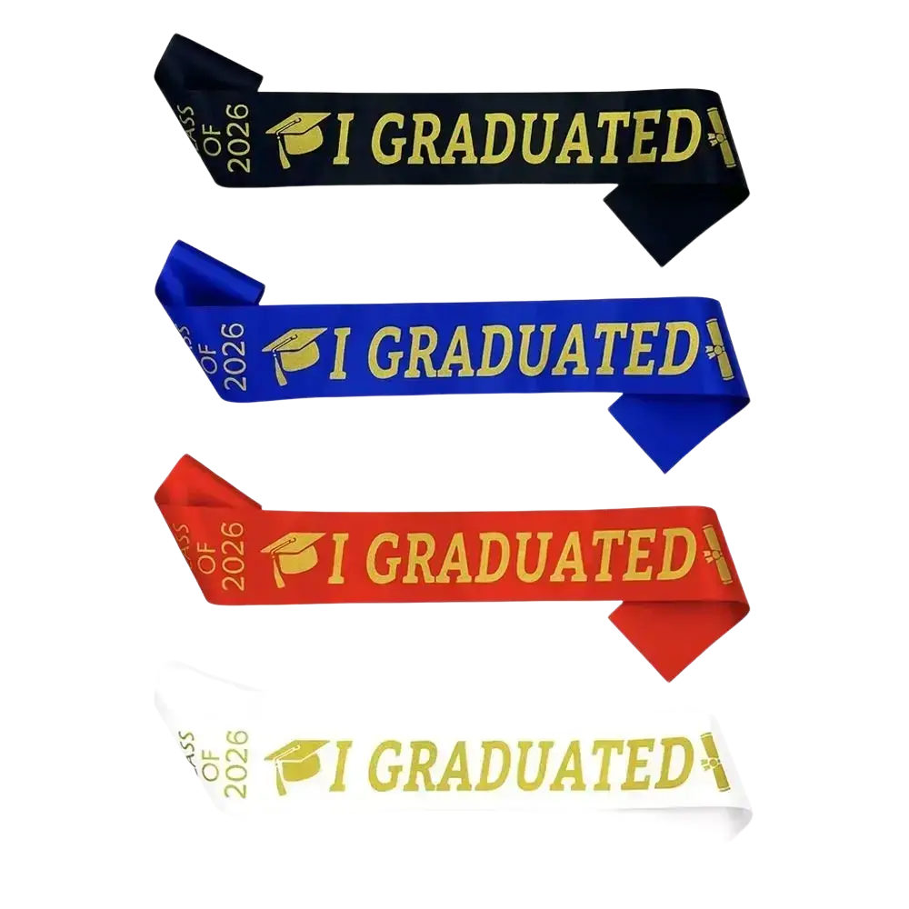 Class of 2026 graduation stole sash in black blue red and white with gold i graduated lettering and cap icon