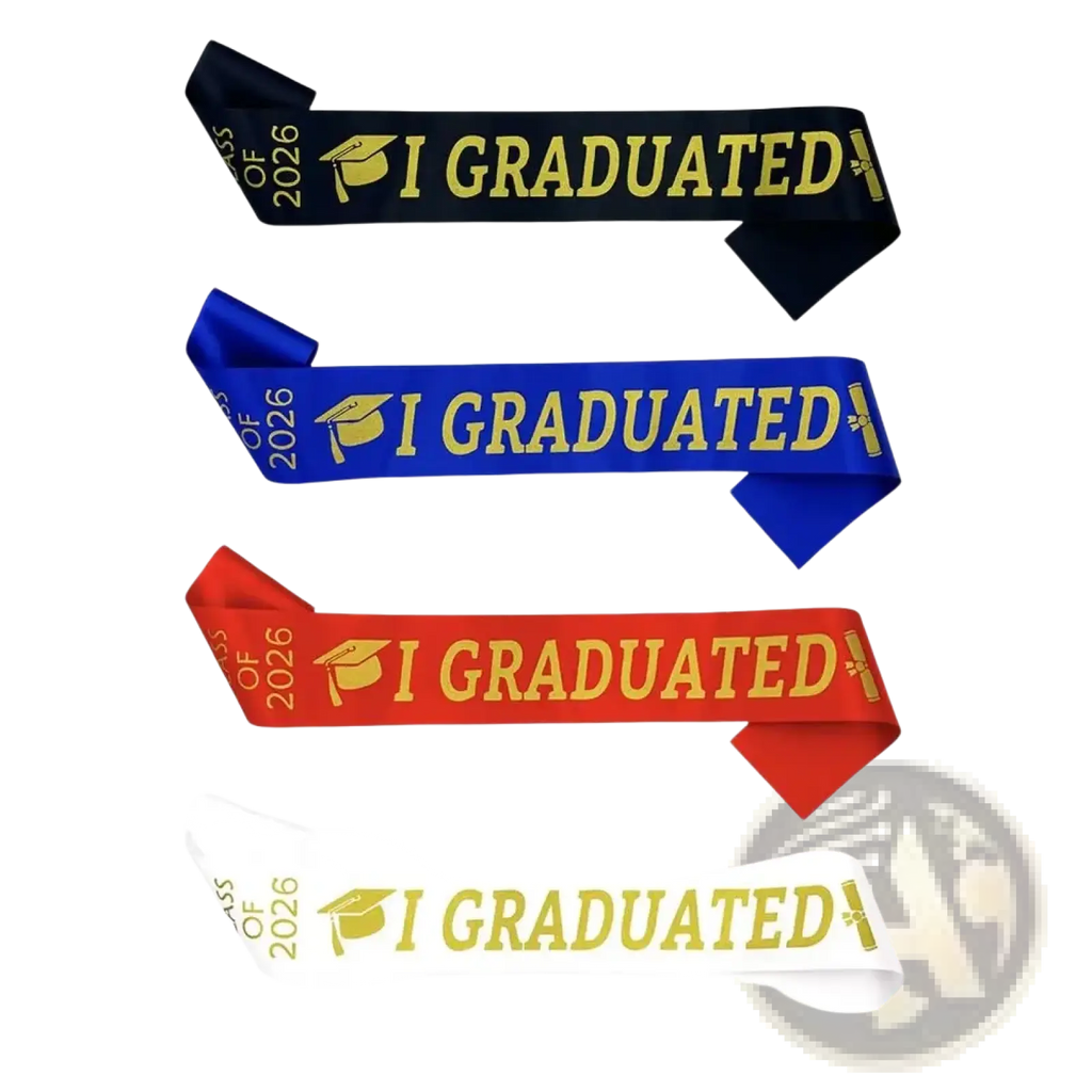 Class of 2026 graduation stole sashes in black blue red and white with gold i graduated lettering and cap icon