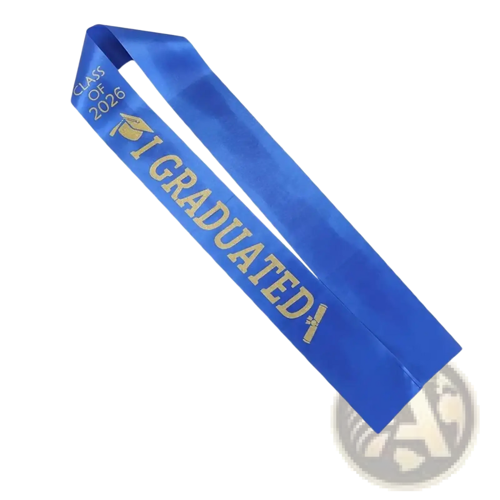 A vibrant blue satin Class of 2026 graduation stole sash with gold foil lettering and a small golden cap icon