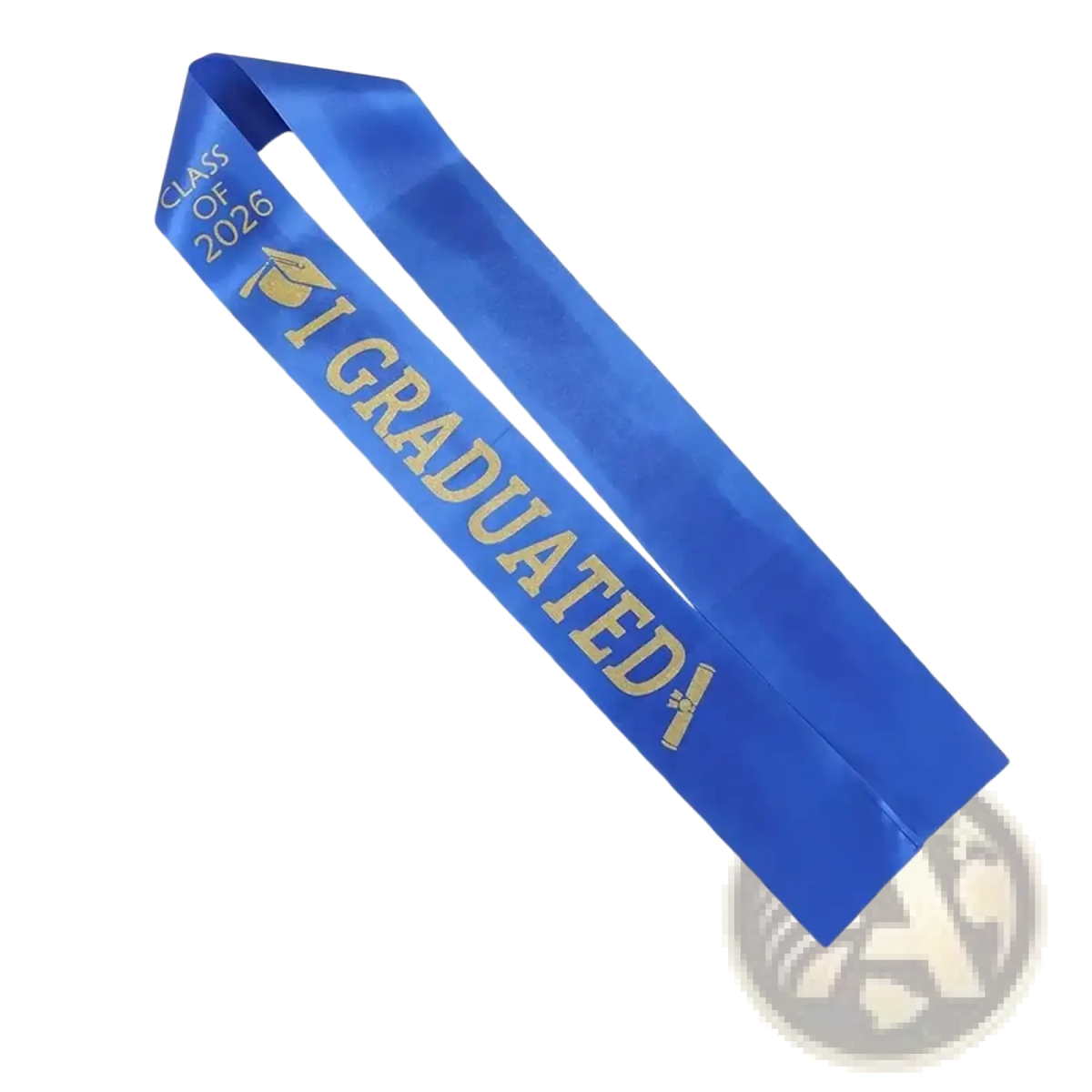 A vibrant blue satin Class of 2026 graduation stole sash with gold foil lettering and a small golden cap icon
